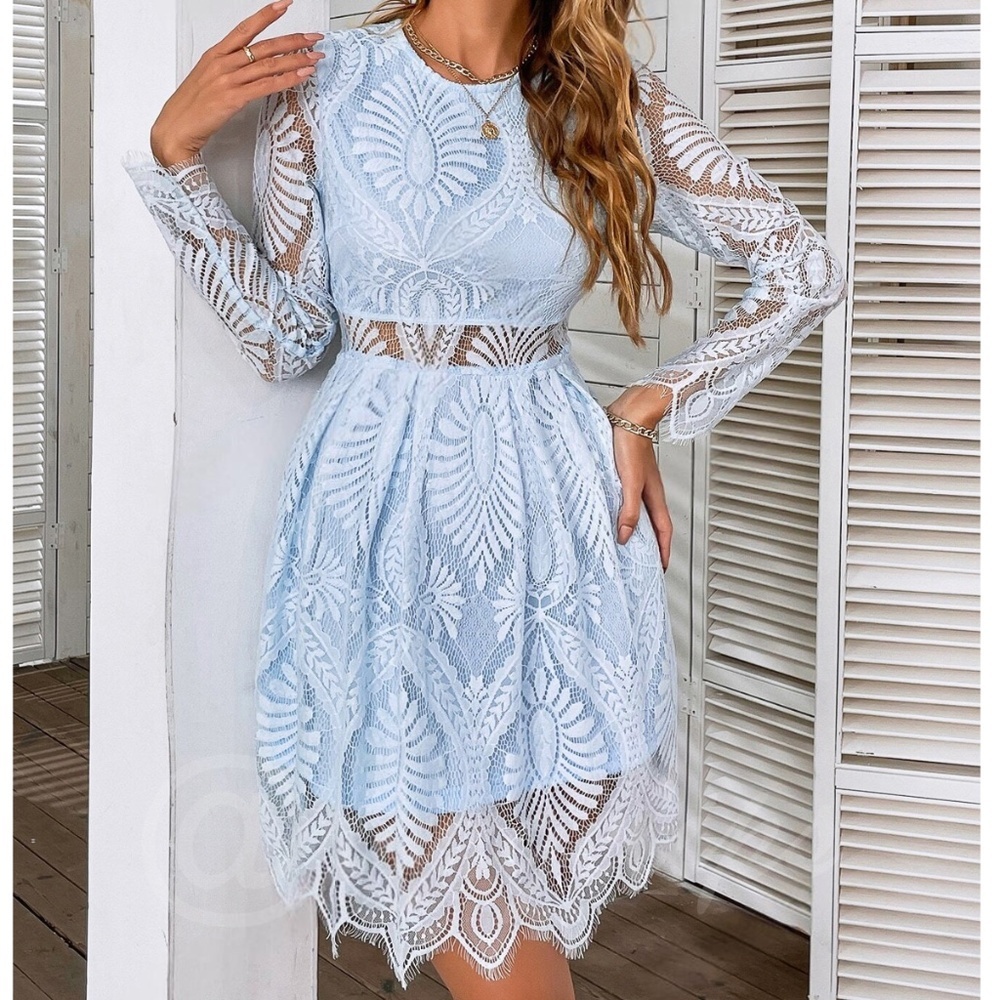 Light Blue Lace Elegant Dress Scallop Trim, Zipper Closure Long Sleeve
